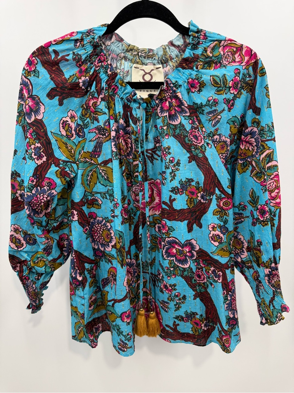 Figue Boho Floral Bird Print Blouse Gold Lurex Tassel Long Puff Sleeve Size XS